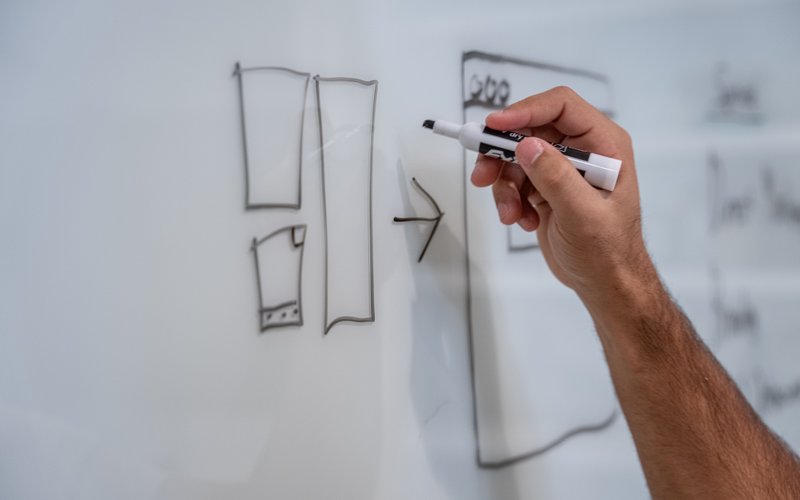 Wireframe sketches on whiteboard